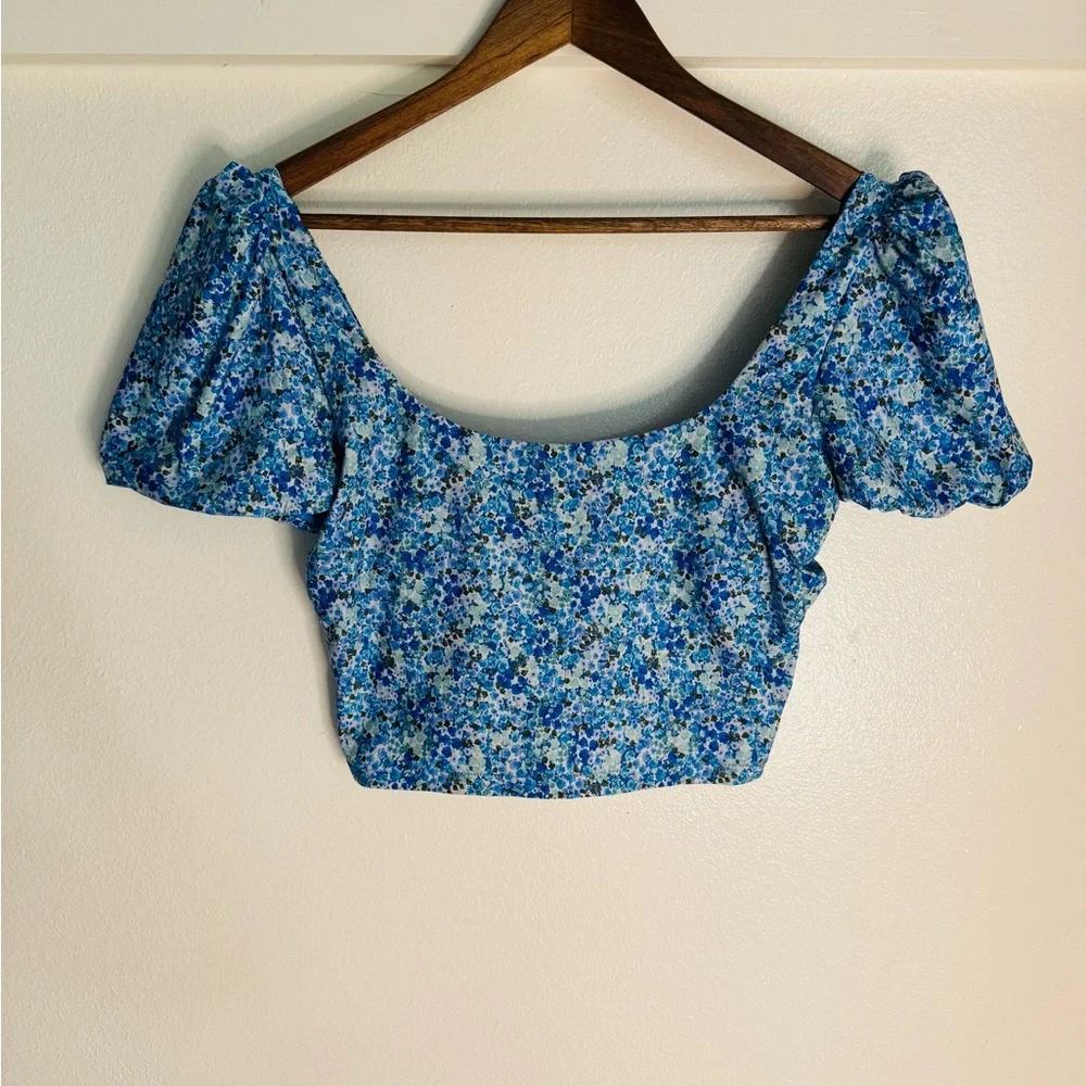 Splendid Blue Floral Longline Puff Sleeve Bikini Top - Size Large
